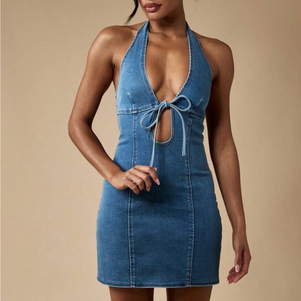 Backless Halter Tie-Front Denim Mini Dress - Blue